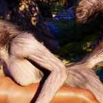 Werewolf Girl sensually plays with Man at sunset in a pond